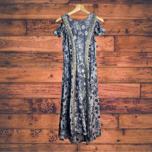 5 for $25🔥Navy Floral Gold Trim Cold Shoulder Maxi Dress XS - Picture 1 of 8